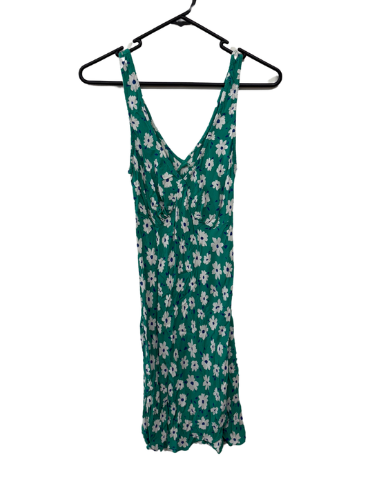 Green Sleeveless Mini Dress with White Florals & Side Zip