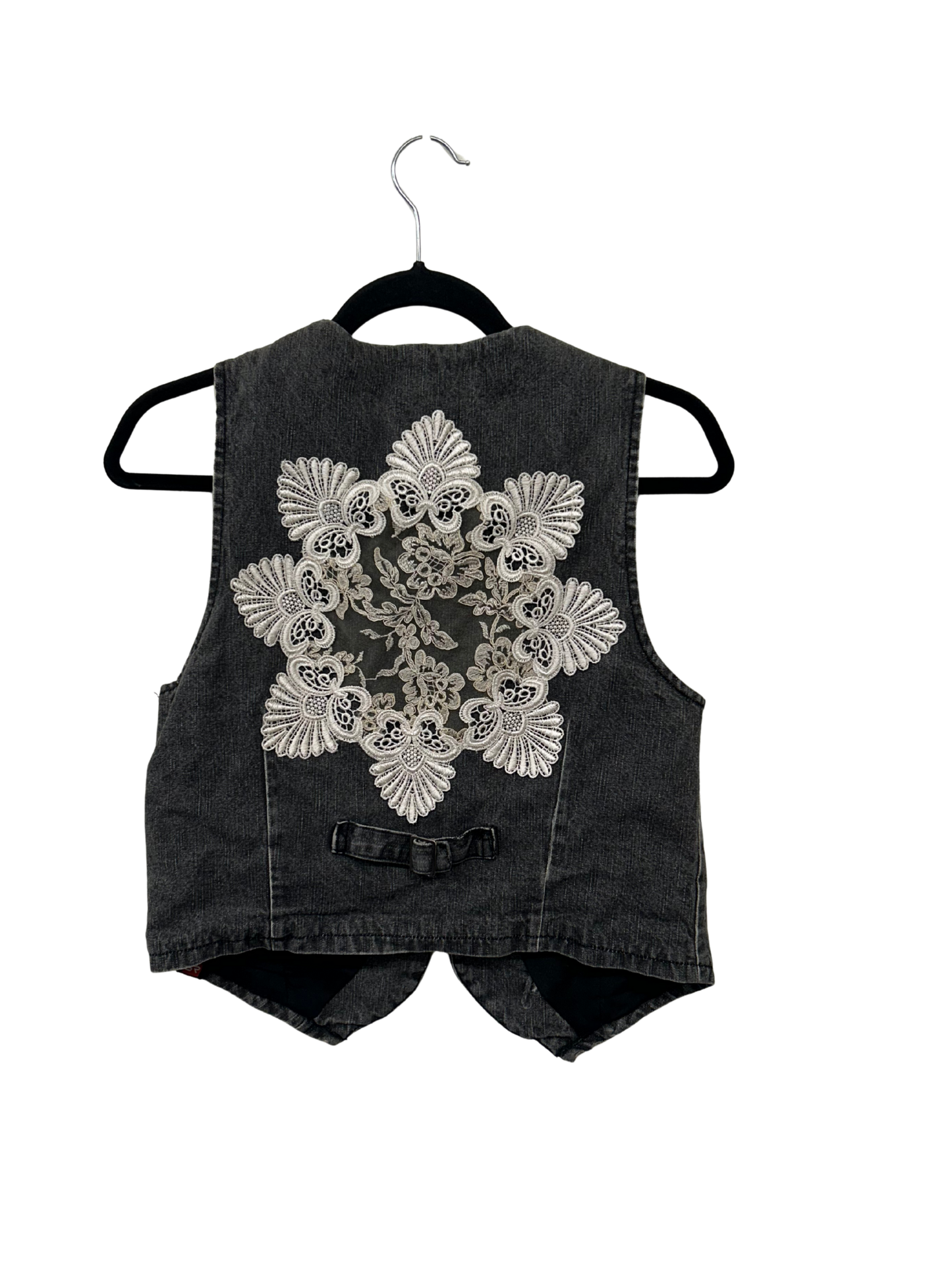 Faded Black Denim Vest with White Lace Back Detail