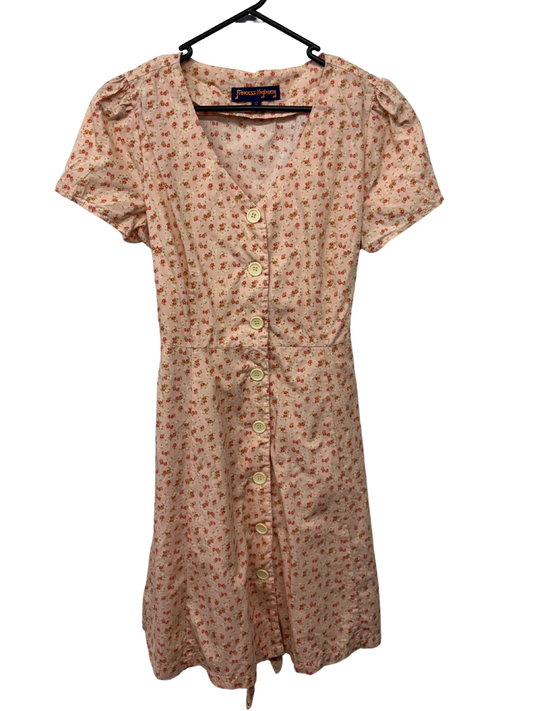 Light Pink Short Sleeve Button Up Dress with Red & White Flower Pattern