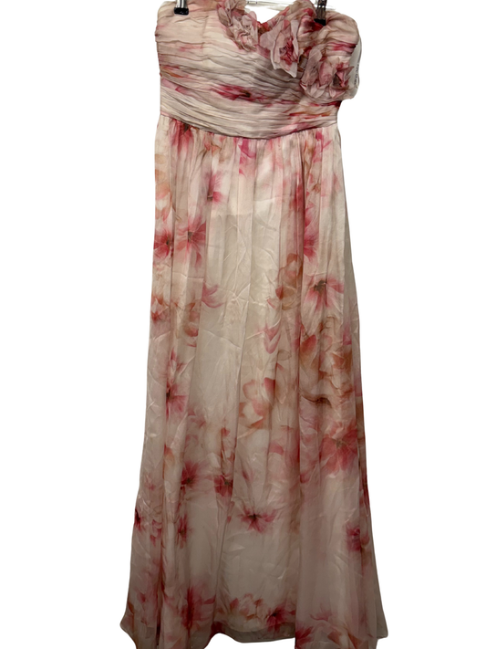 Cream & Pink Floral Print Strapless Long Formal Dress