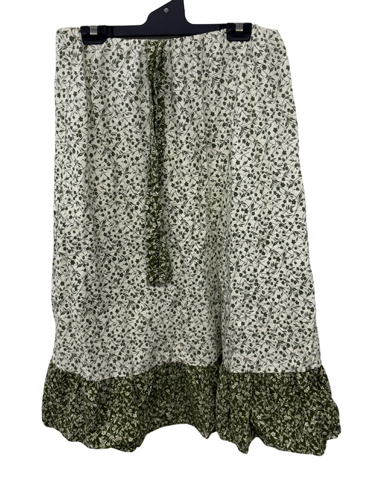 Cream & Green Floral Print Midi Skirt