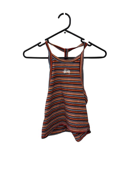 Multicolour Red/Pink Striped Crop Singlet Top with White Embroidery