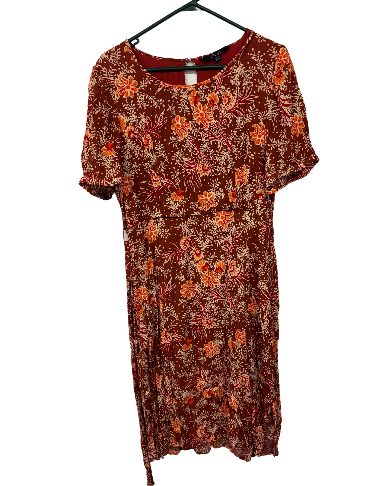 Maroon, Cream & Red Print Short Sleeve Midi Dress