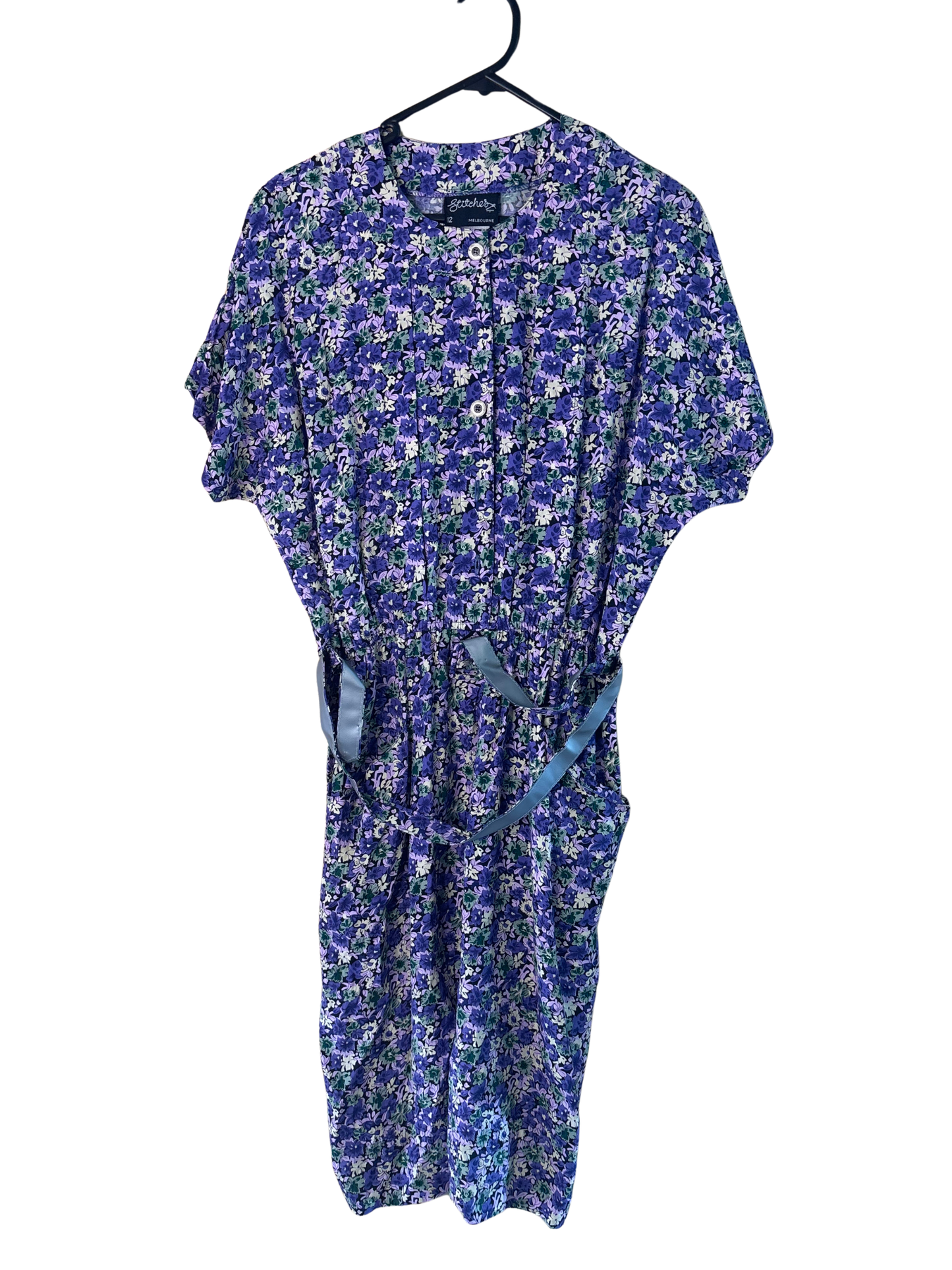 80s Purple, Black, Yellow Floral Print Short Sleeve Button Up Midi Dress