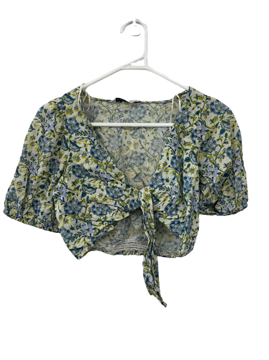 White, Blue, Green & Yellow Floral Print Wrap Top