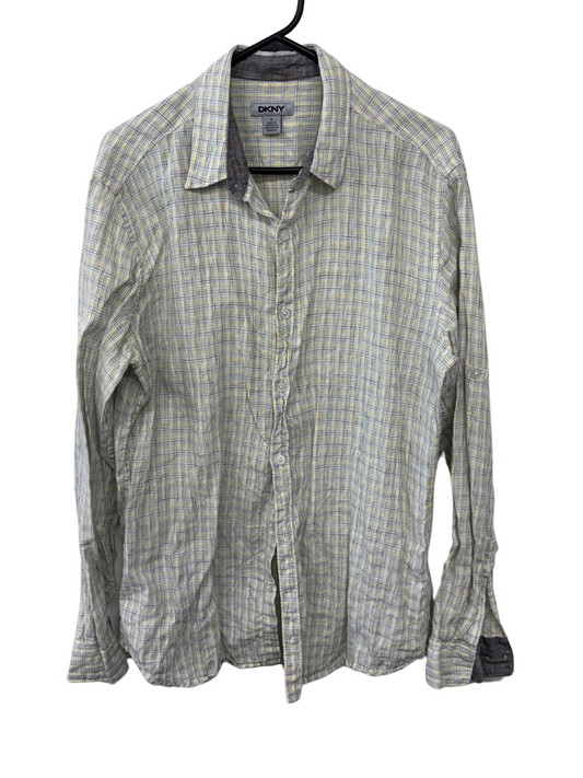 White, Blue Yellow Patterned Long Sleeve Button Up Shirt