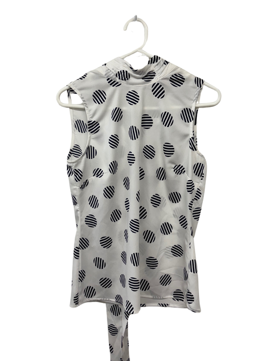 White & Dark Blue Circle Print Top with Back Neck Tie