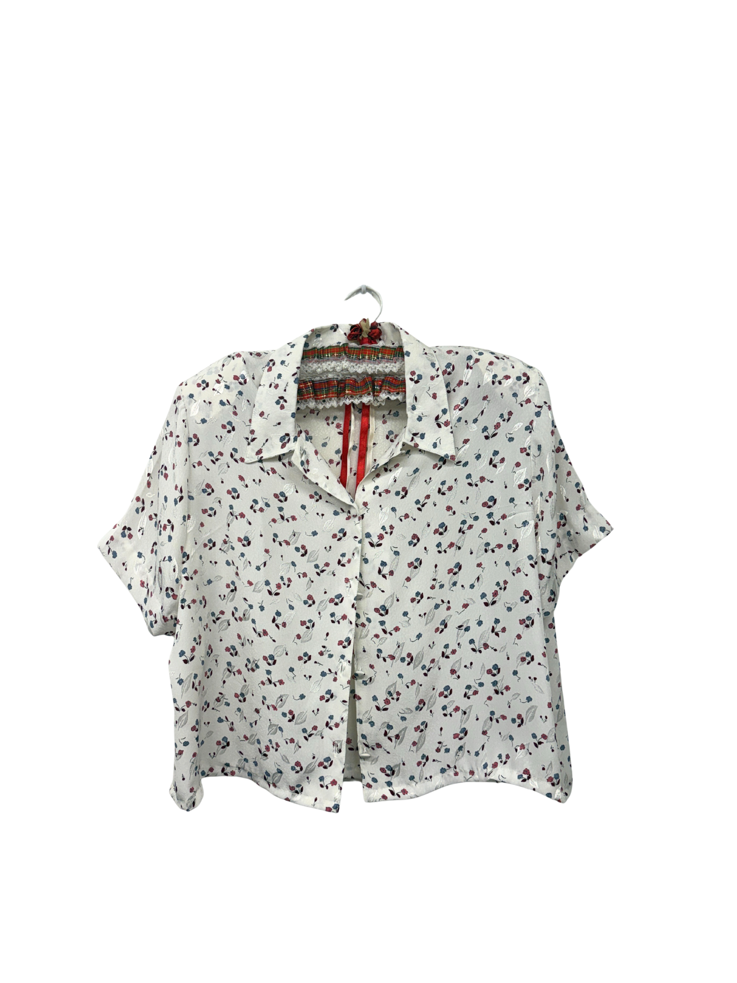 Vintage White, Red & Green Sheer Floral Cropped Button Up Top