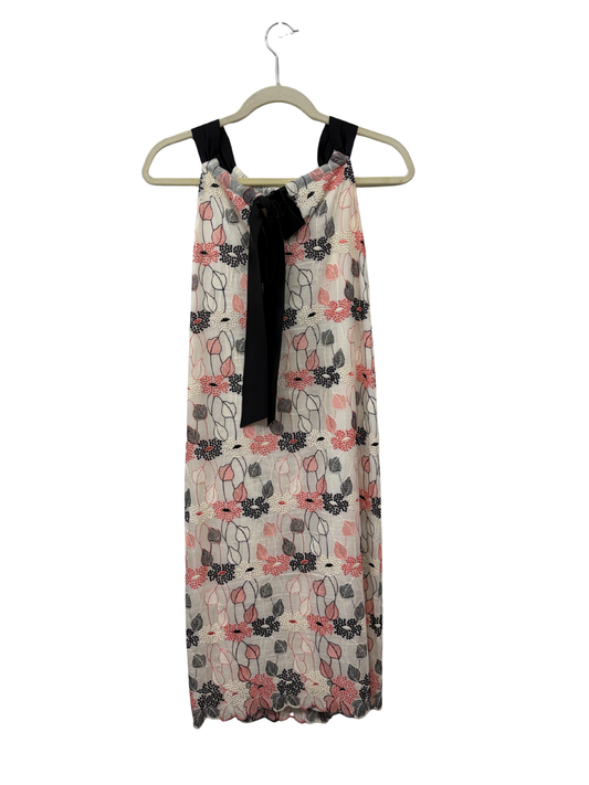 White, Pink & Black Sleeveless Embroidered Floral Midi Dress