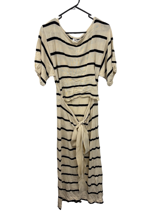 Cream & Black Stripe Short Sleeve Tie Midi Dress