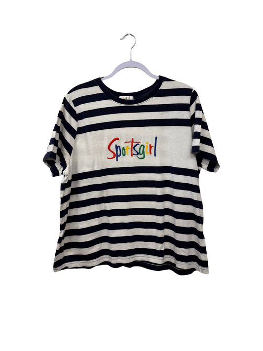 Navy & White Striped T-Shirt with Multicoloured Logo