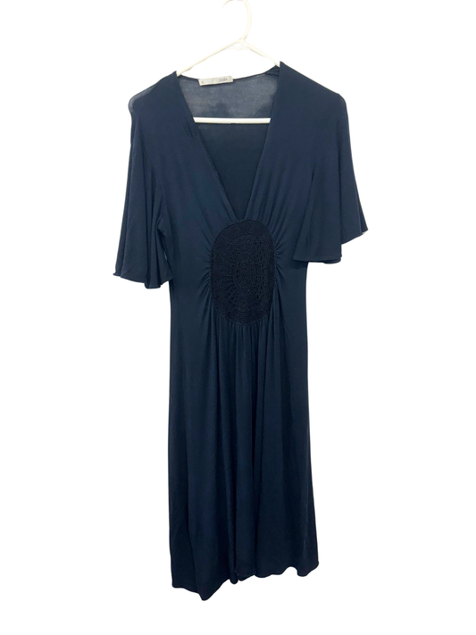 Navy Short Sleeve Draped Maxi Dress with Embroidery