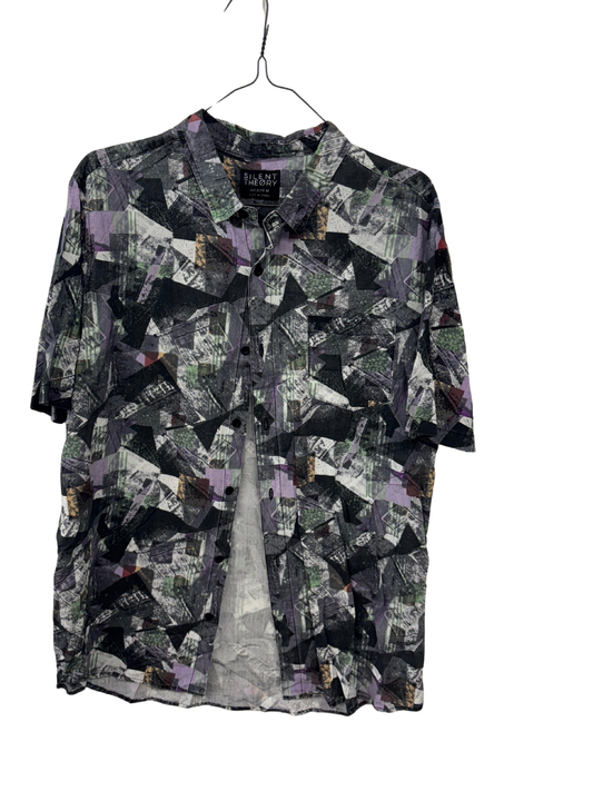 Grey, White, Purple Print Short Sleeve Button Up Shirt