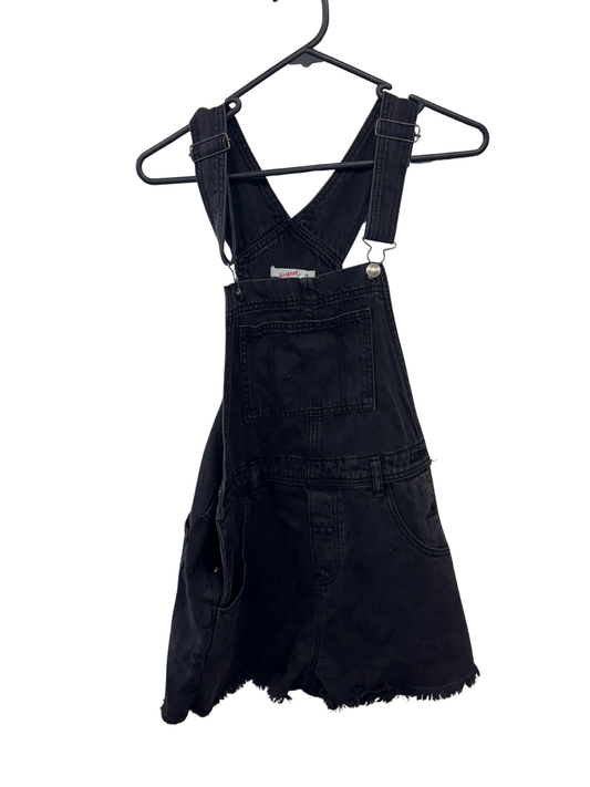 Black Raw Hem Short Denim Overalls