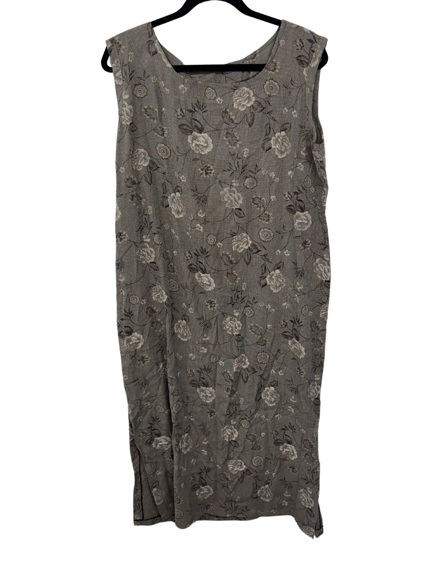 Vintage Brown, Cream & Black Floral Print & Check Sleeveless Midi Dress with Split