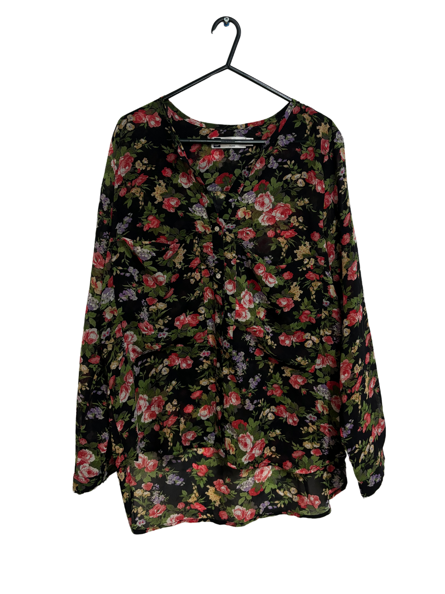 Black, Red & Green Rose Pattern Collarless Semi-Sheer Long Sleeve Button Up Shirt