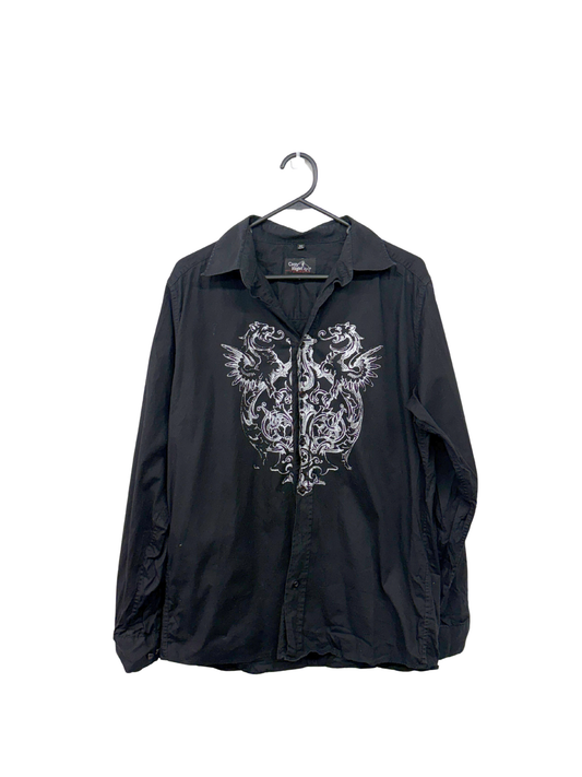 00s Black Long Sleeve Button Up Shirt with White Dragon Graphic