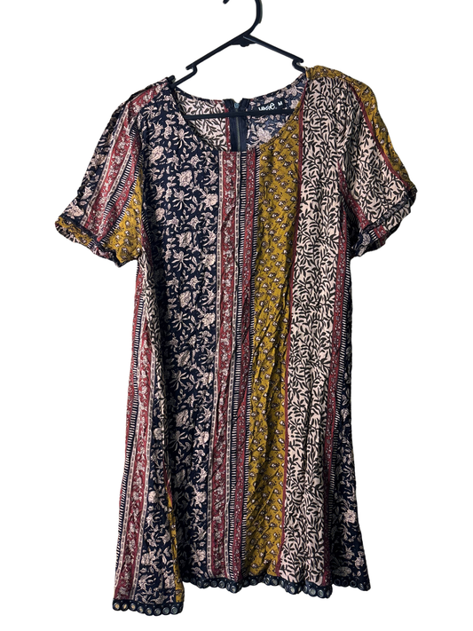 Red, Yellow, Black Pattern Short Sleeve Dress with Eyelets