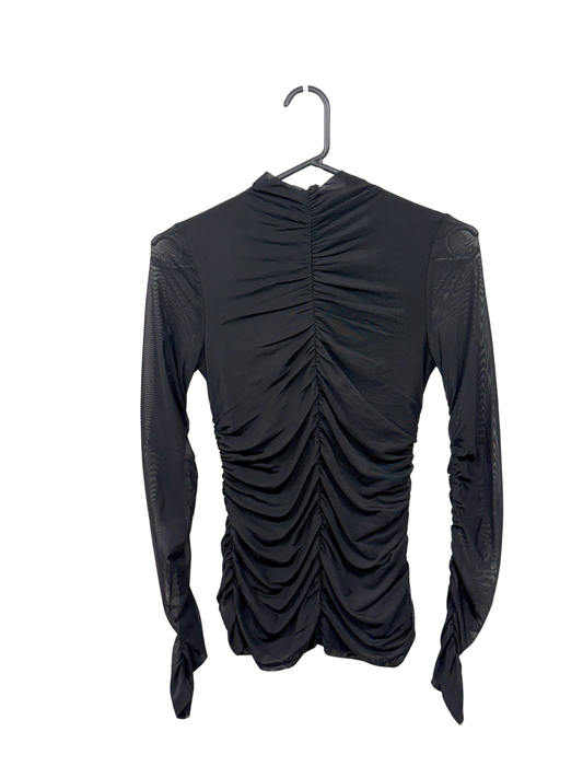 Black Mesh Pleated/Scrunched Long Sleeve Top