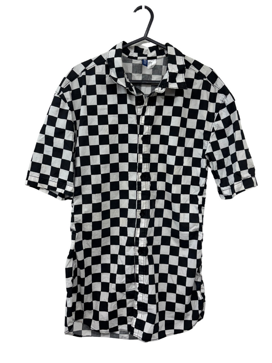 Black & White Checkered Print Short Sleeve Long Shirt/Dress