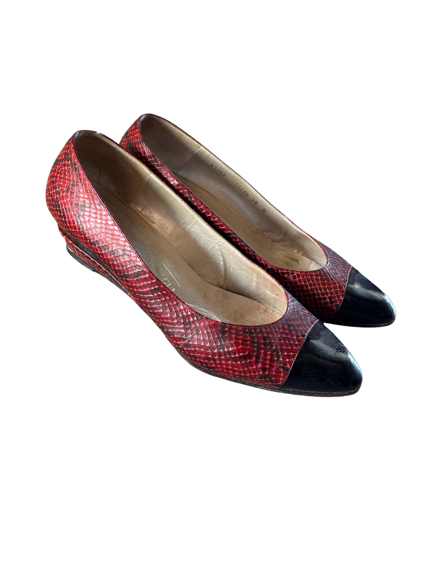 Vintage Black & Red Snakeskin Wedge Heel
