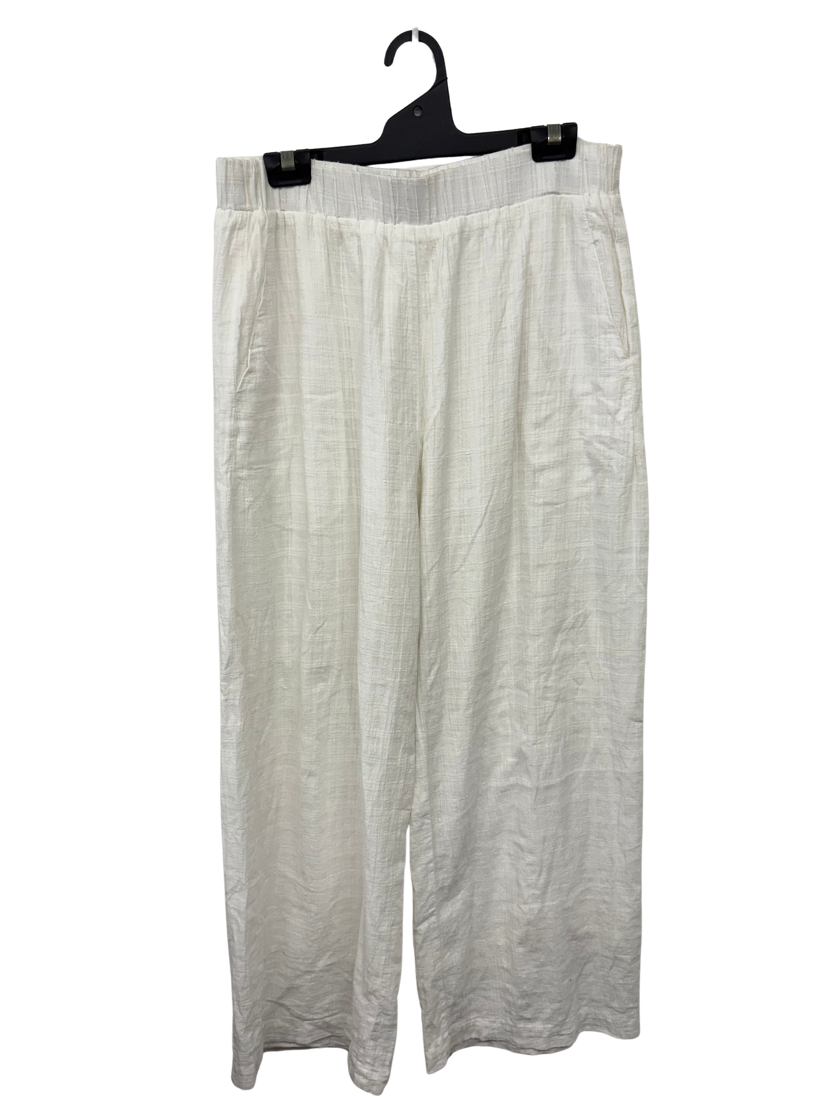 White Textured High Waisted Wide Leg Elastic Waist Pants