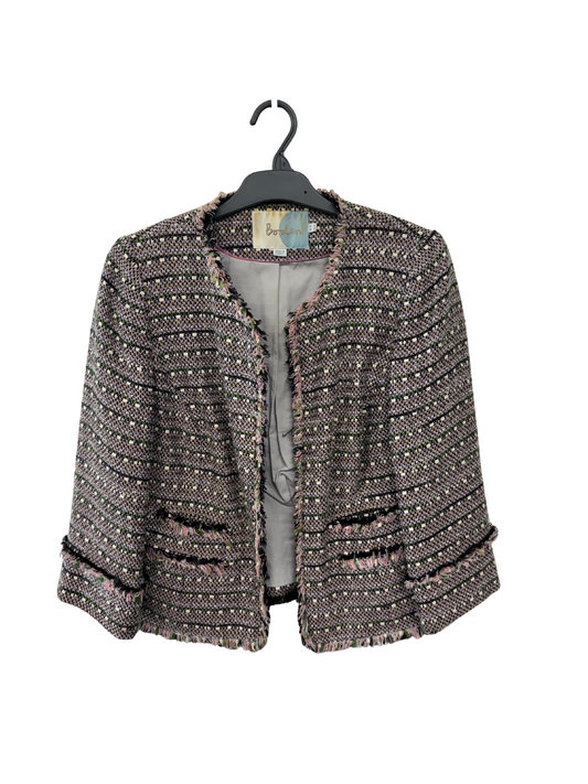 Pink, White, Green Tweed Collarless Jacket