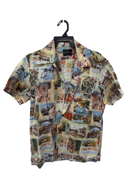 Vintage Green & Cream Village Print Short Sleeve Button Up Shirt