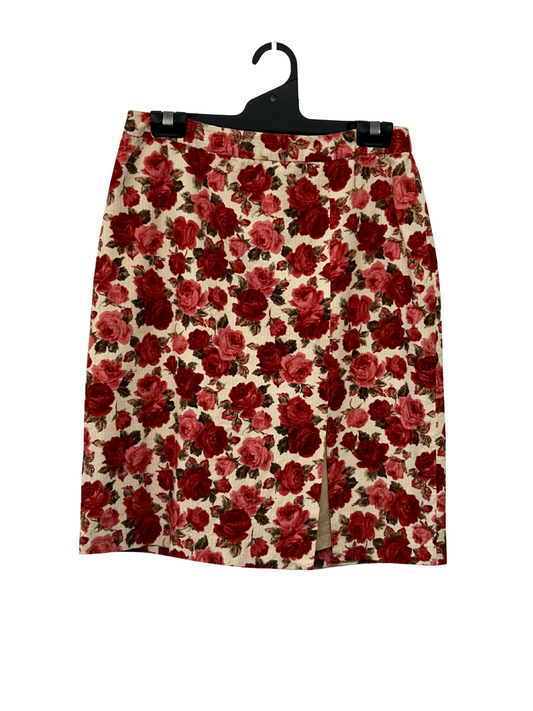 Red/Pink Rose Pattern Corduroy Midi Skirt