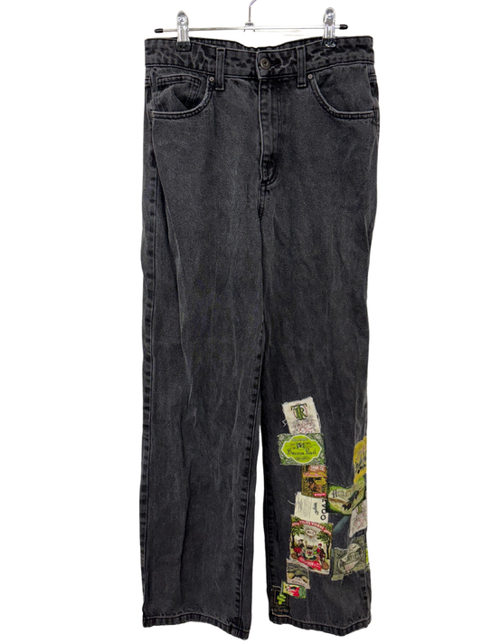 Faded Black Mid Rise Straight Leg Jeans with Front Patches