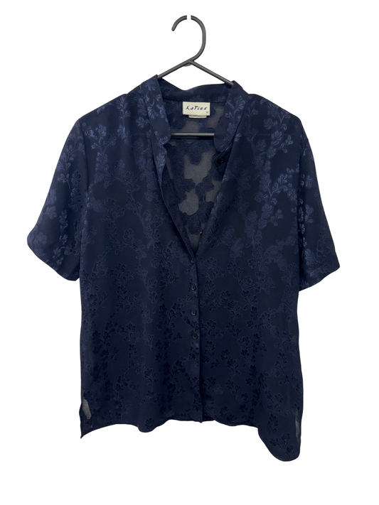 Vintage Dark Blue Short Sleeve Semi-Sheer Floral Button Up Top