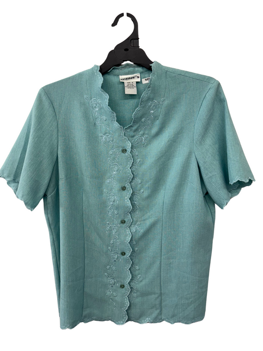 90s Light Green Short Sleeve Embroidered Button Up Scalloped Shirt