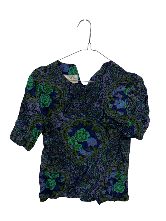 Vintage Dark Blue, Green Paisley Print Short Sleeve Top