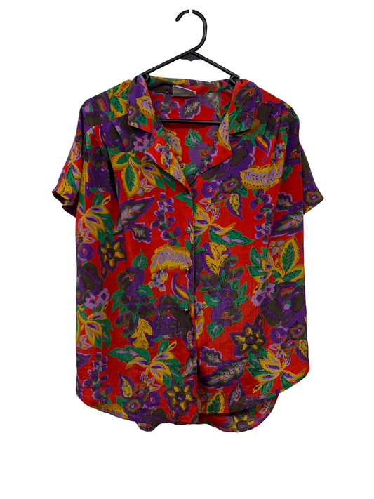 Vintage Red & Multicolour Semi-Sheer Floral Button Up Top