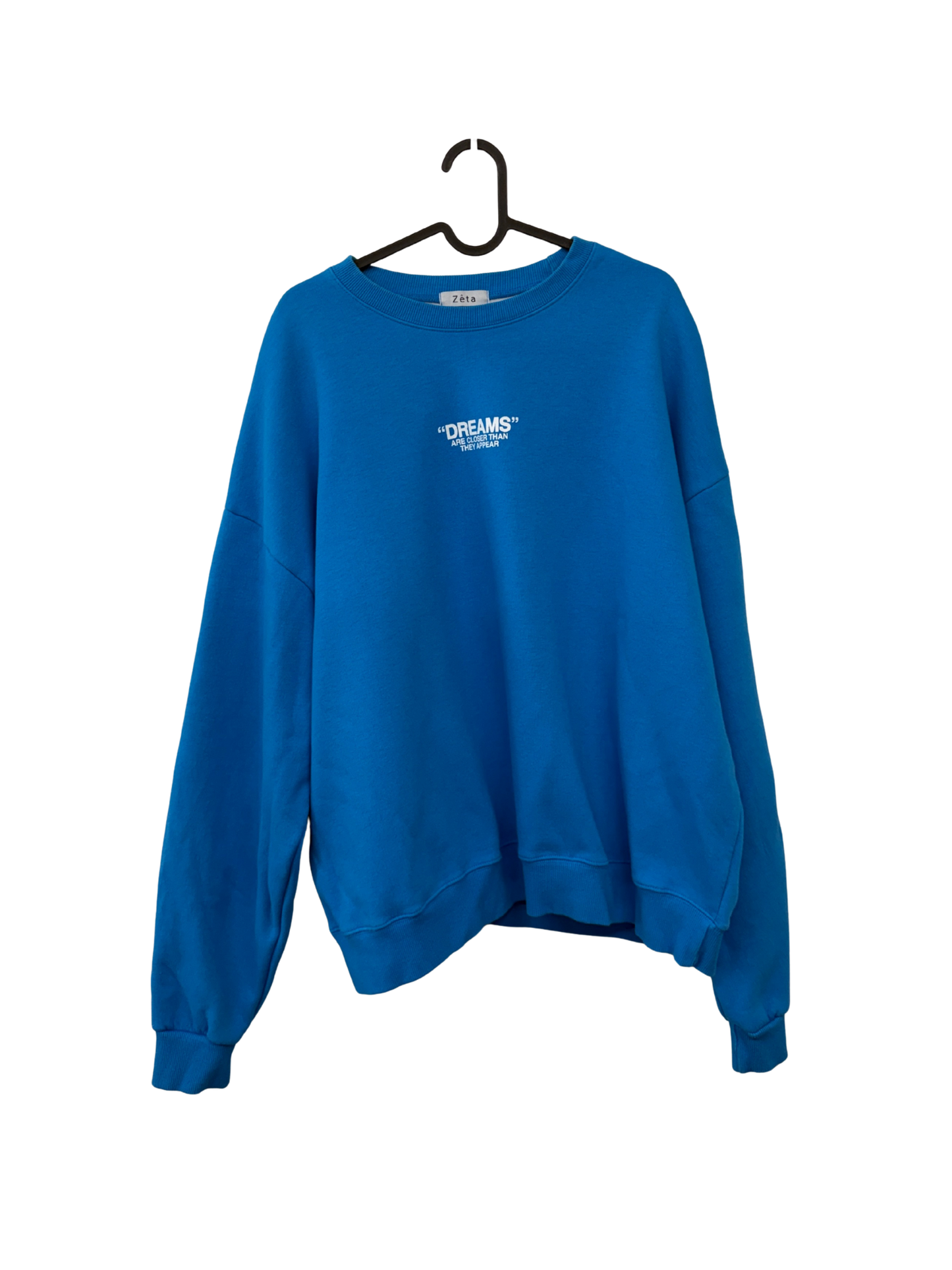 Blue Sweater with White Text Graphic