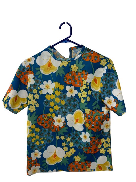 Vintage Blue, White, Yellow, Orange Floral Print Top