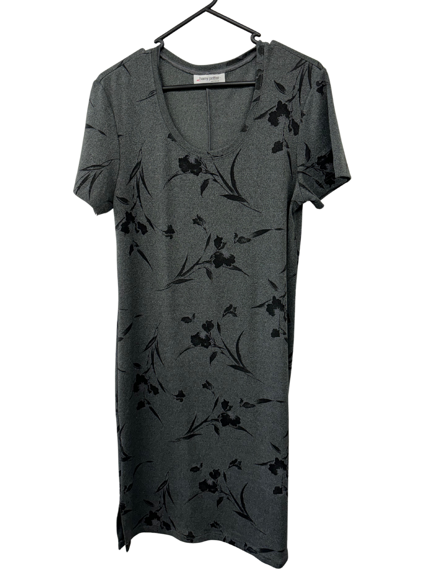 90s Grey Short Sleeve Knee Length/Midi Dress with Black Floral Pattern