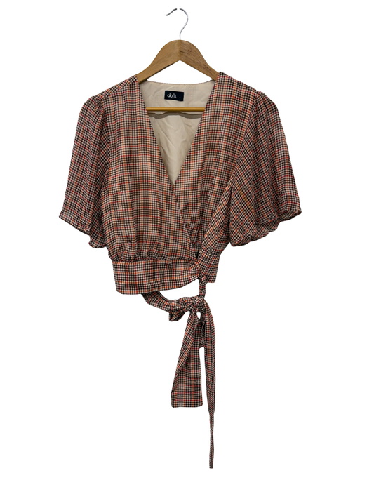 Beige, Brown, Red & Orange Plaid Short Sleeve Wrap Top