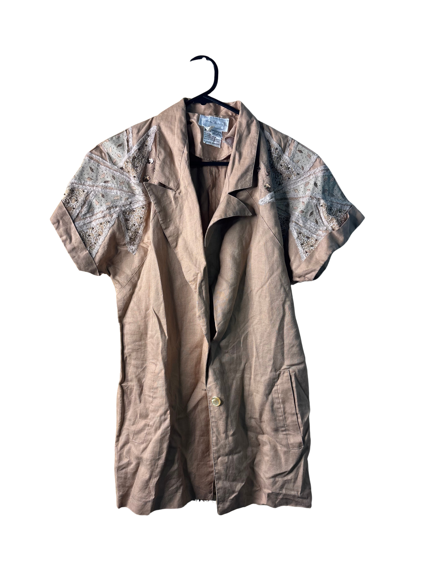 Vintage Light Brown Short Sleeve Low-Cut Button Up Top with Patchwork Shoulders