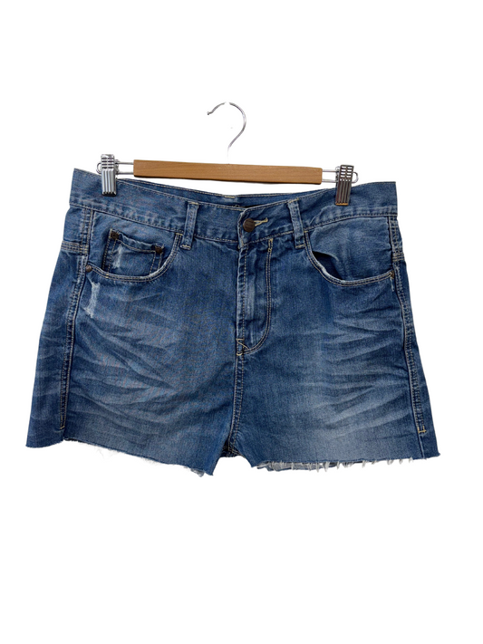 Blue Denim Highwaisted Raw Hem Distressed Shorts #3