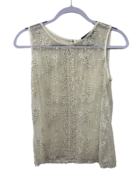 White Sheer Mesh Embroidered Beaded Sleeveless Top