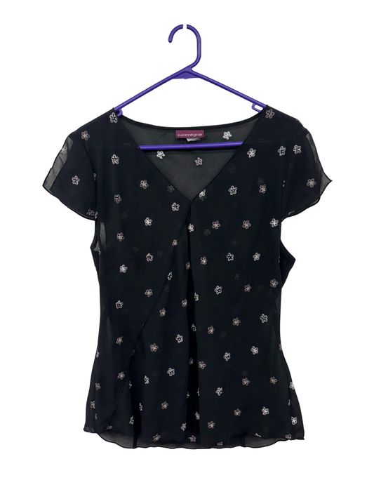 00s Black & White Floral Short Sleeve Sheer Top