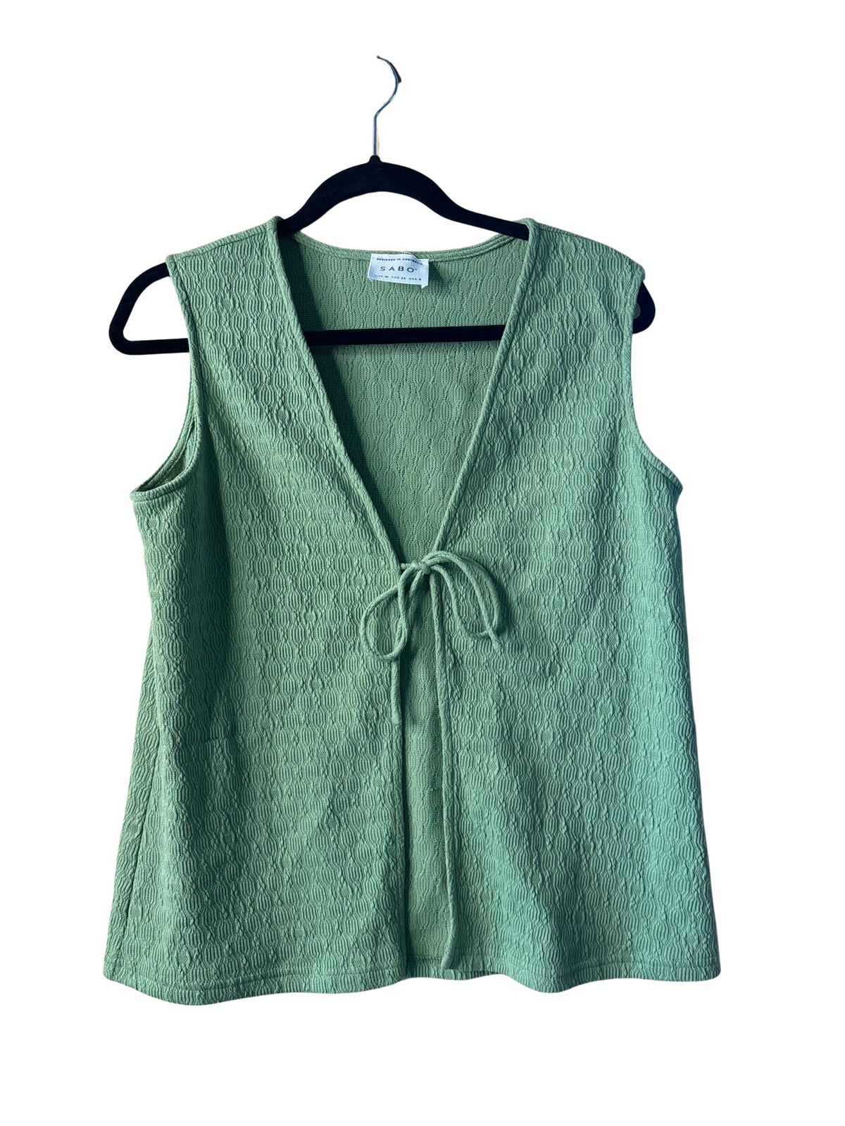 Green Sleeveless Tie Front Textured Top