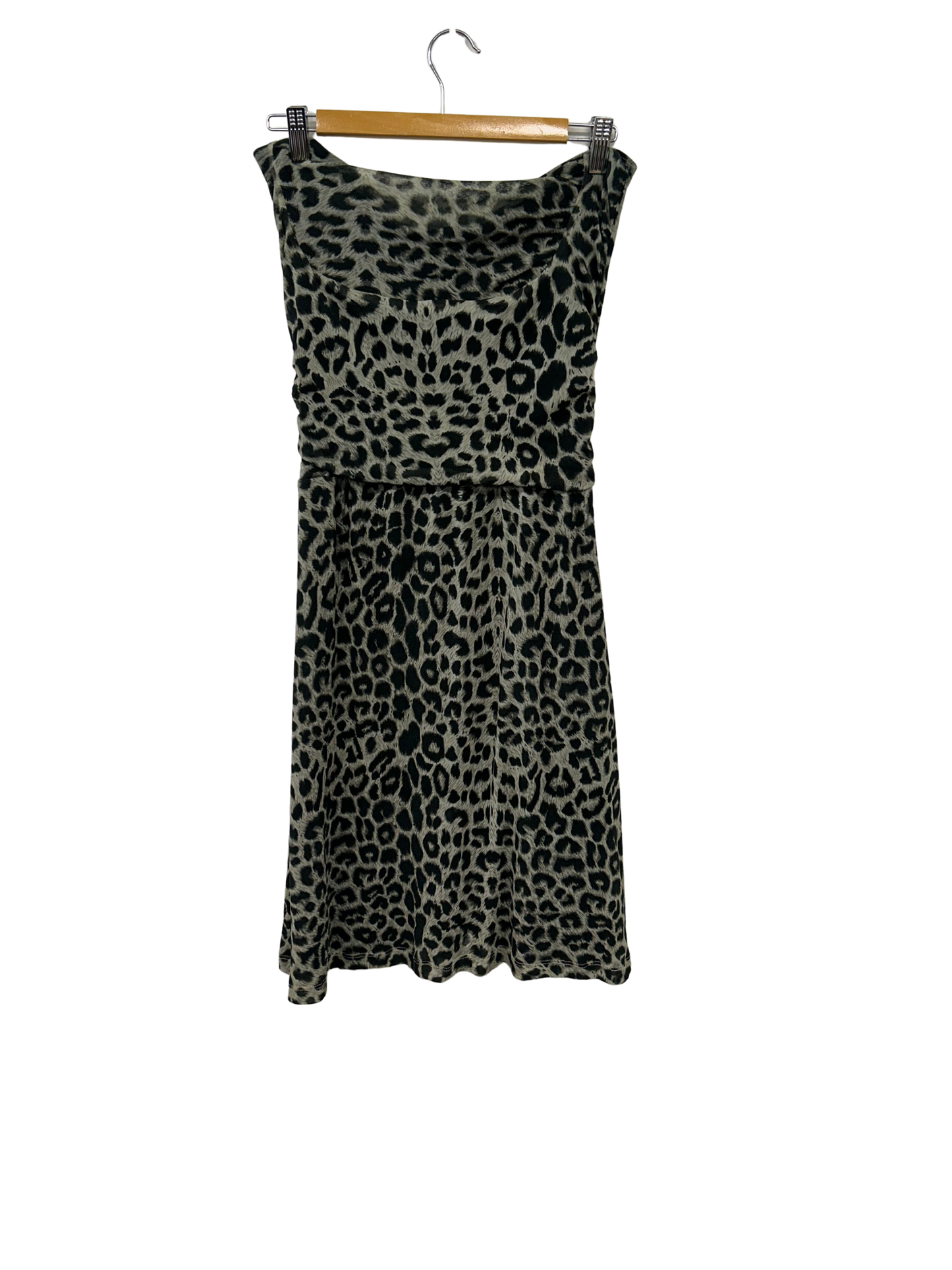 00s Green Leopard Print Strapless Midi Dress