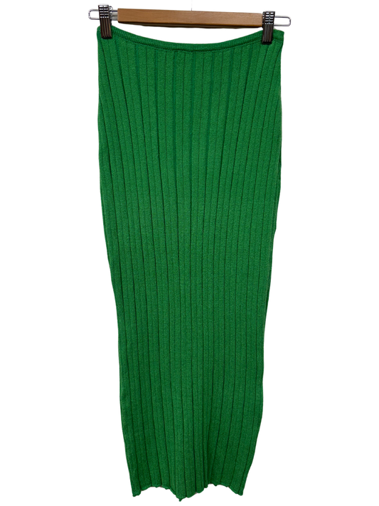 Green Ribbed Mid Rise Midi Skirt