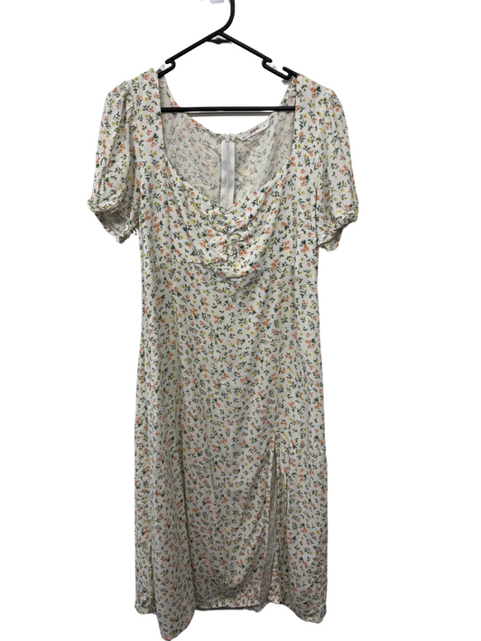 White, Green, Yellow, Orange Floral Print Short Sleeve Midi Dress