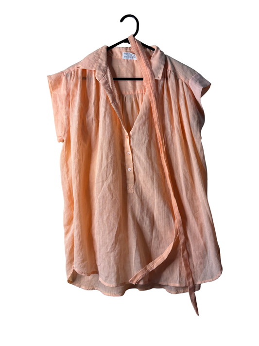 Vintage Peachy Pink Short Sleeve Button Up Shirt with Tie