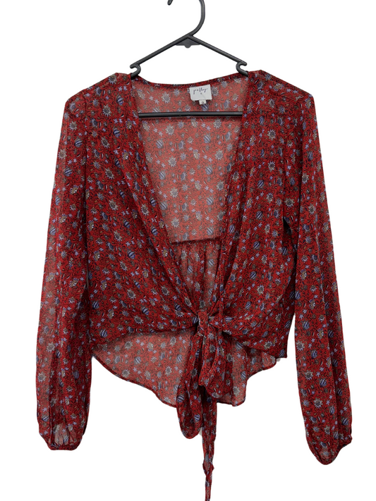 Red & Blue Floral Sheer Long Sleeve Tie Up Shirt