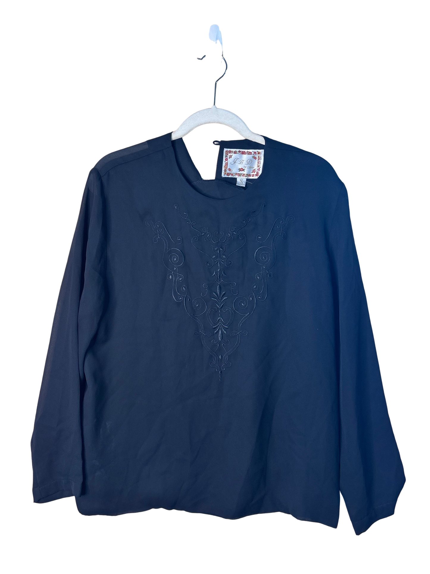 Vintage Black Sheer Long Sleeve Top with Embroidery