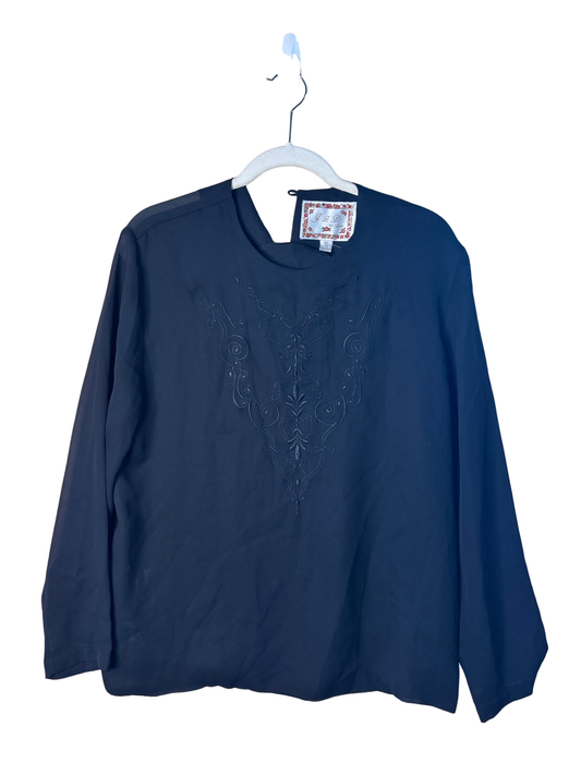 Vintage Black Sheer Long Sleeve Top with Embroidery